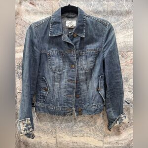 Armani Exchange Blue Denim cropped Jacket with Patterned Cuffs